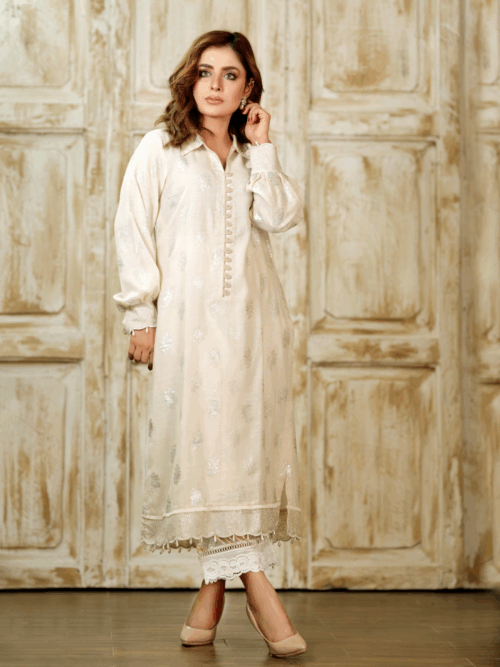 2 Piece Foil Print Net Set – Cream Lumina