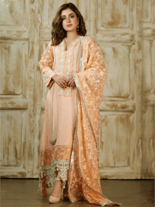 3 Piece Embroidered Georgette Suit – Peach Mint Whisper