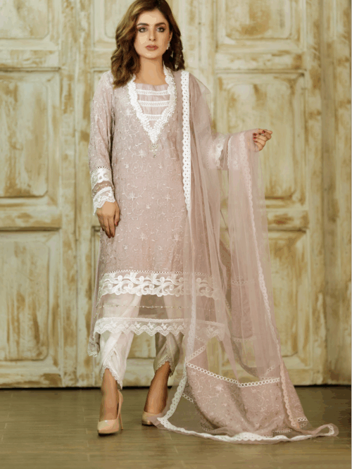 3 Piece Embroidered Cotton Net Set – Lilac