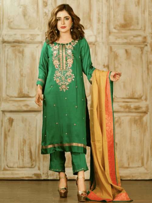 3 Piece Zardozi Silk Set – Verdant Radiance