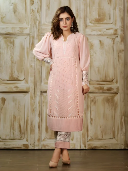 2 Piece Textured Georgette Set – Blush Pink