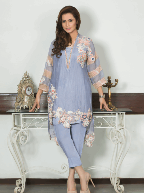 2-Piece Embroidered Cotton Net Suit - Powder Blue