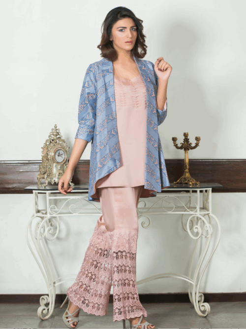 3-Piece Lace & Silk Set - Blush & Periwinkle
