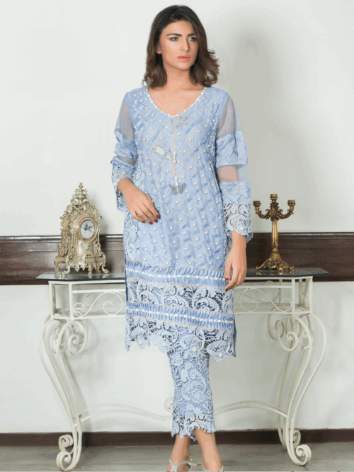 2 Piece Embroidered Net Suit – Icy Blue Serenity