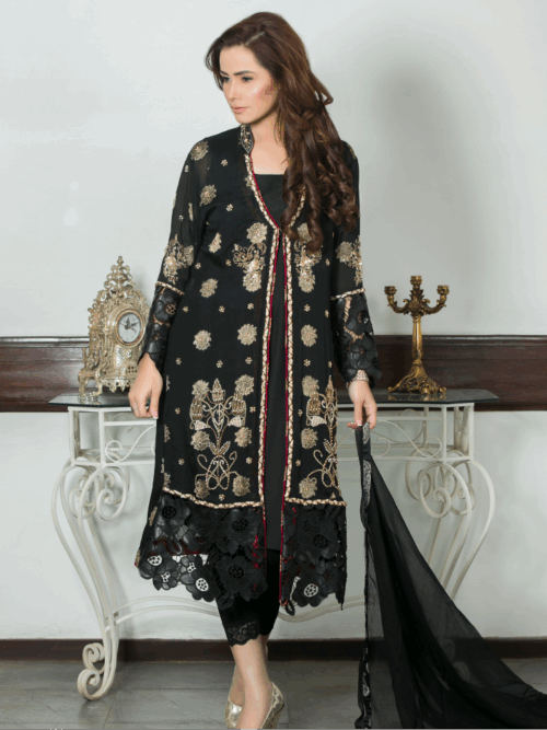 3 Piece Embellished Chiffon Set – Midnight Gilded Charm