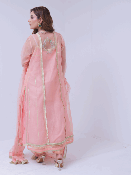 3 Piece Handwork Khadi Net Set – Peach Bloom