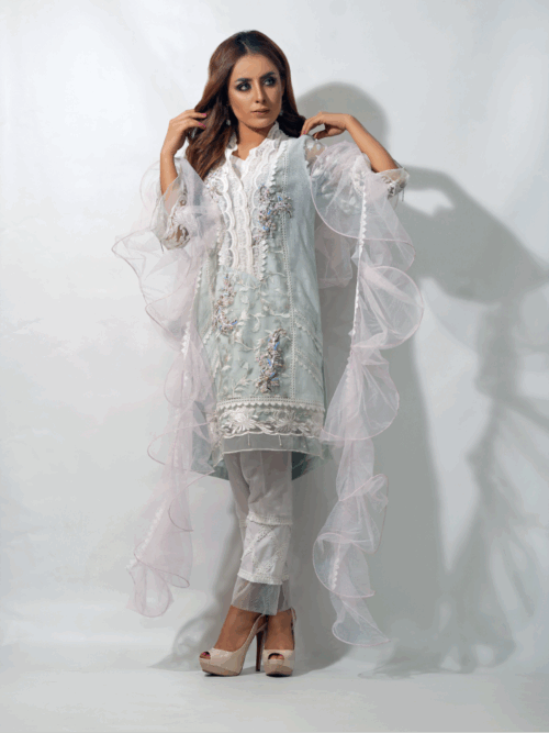 3 Piece Hand-Embroidered Organza Suit – Ice Blue Elegance