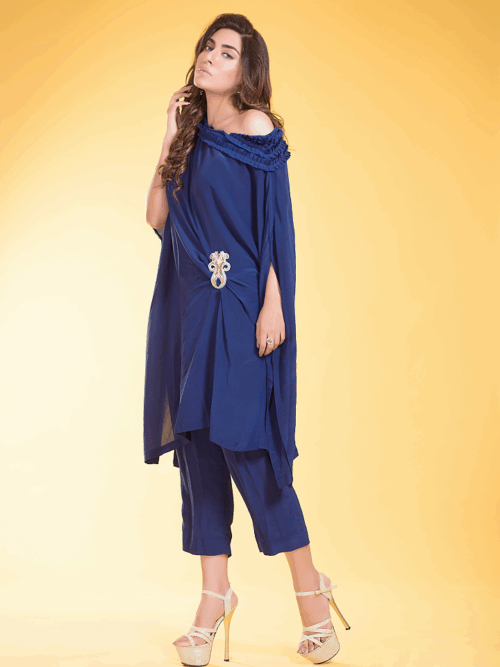 2 Piece Sapphire Draped Crepe Georgette Tunic Set