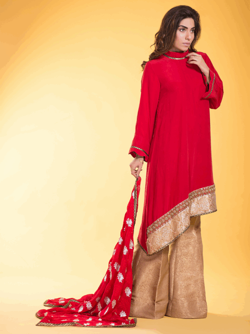 3 Piece Asymmetrical Banarsi Set – Scarlet Edge