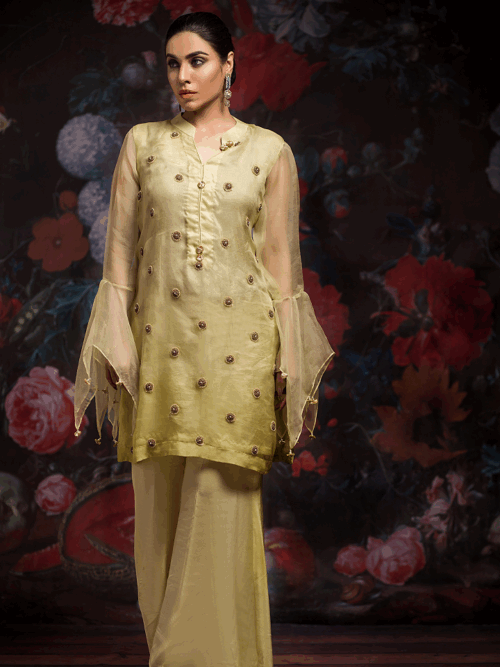 3 Piece Zardozi Organza Set – Lemon Radiance