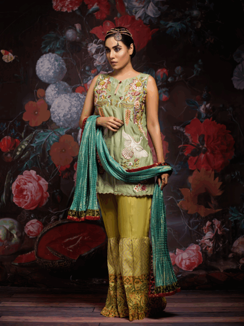 3 Piece Embroidered Ensemble – Mint Blossom & Firozi Glow