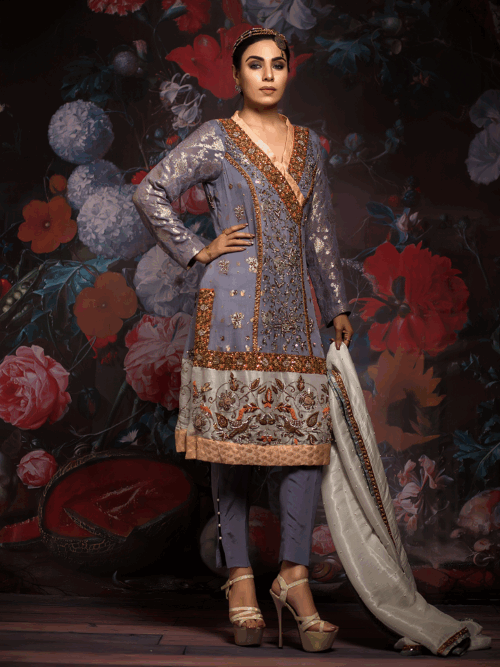 3 Piece Embroidered Suit – Lavender & Bronze Luxe Bloom