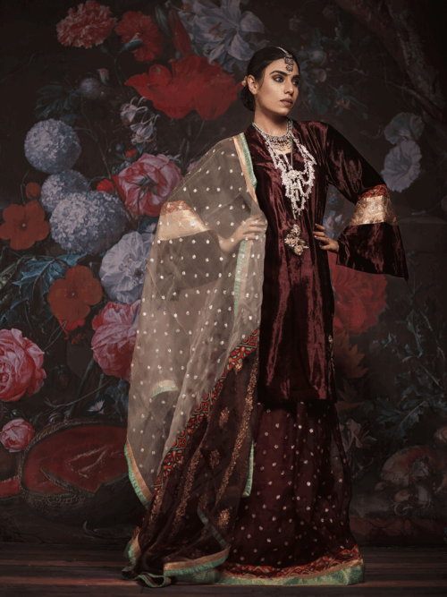 3 Piece Velvet Lehenga Set – Burgundy & Ivory Regal Bloom