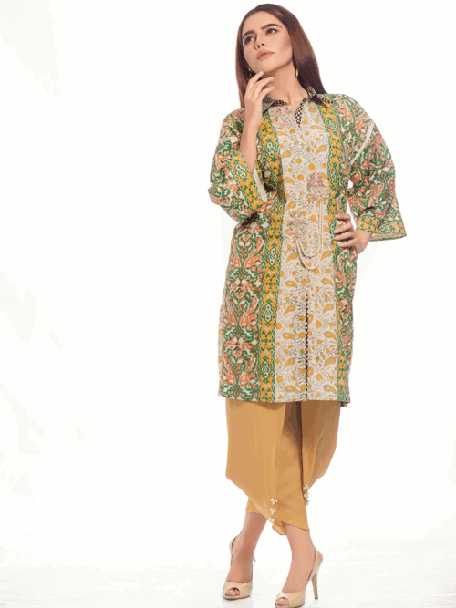 2-Piece Block Printed Crepe Silk Shirt with Mustard Tulip Pants
